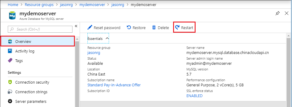 Azure Database for MySQL - Overview - Restart button