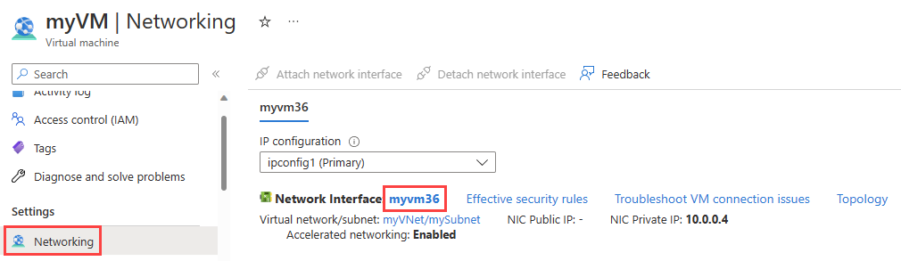 Screenshot showing how to select the network interface page from the virtual machine settings in the Azure portal.