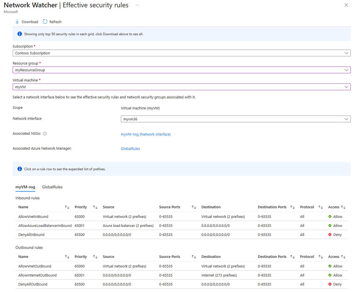 Screenshot of Azure Network Watcher effective security rules in Azure portal.