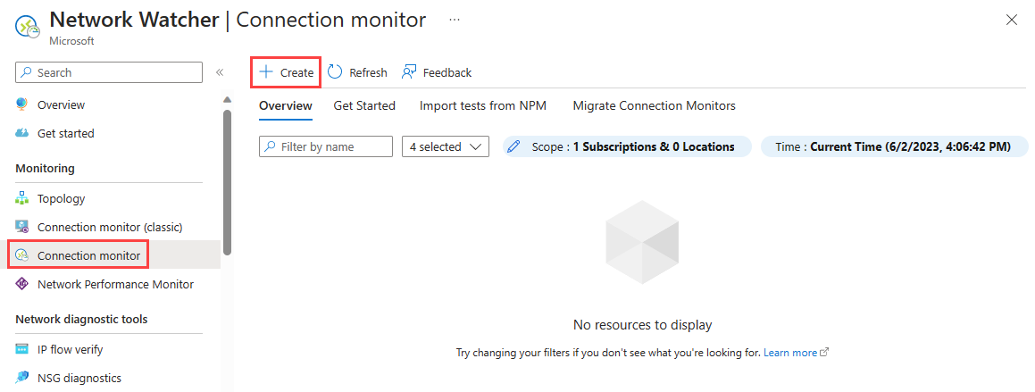 Screenshot shows Connection monitor page in the Azure portal.