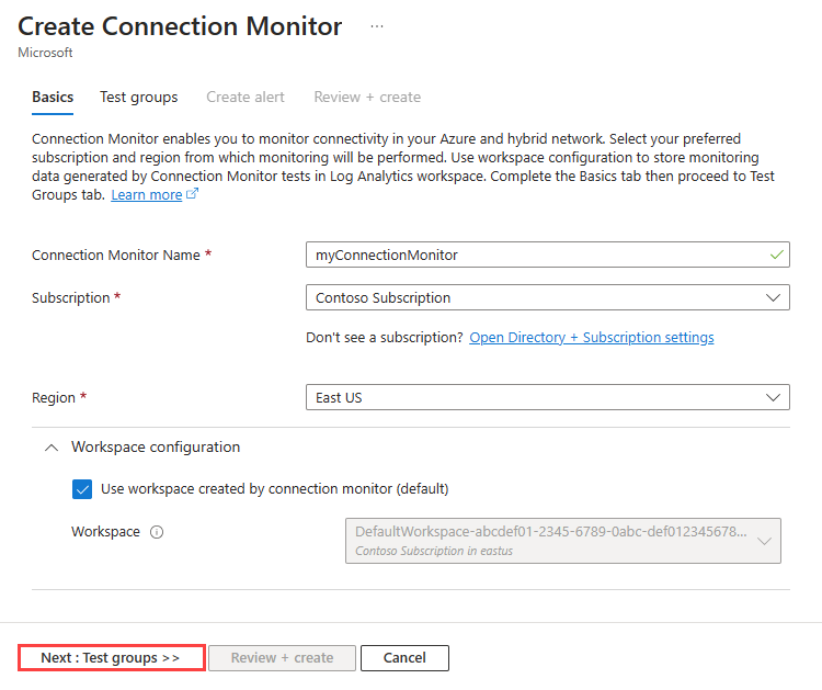 Screenshot shows the Basics tab of creating a connection monitor in the Azure portal.