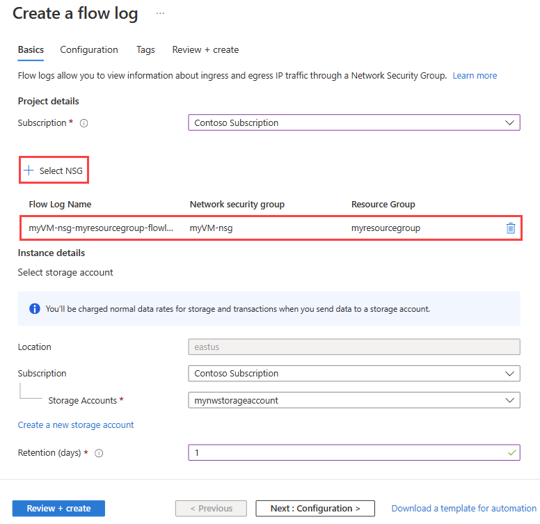 Screenshot of create NSG flow log page in the Azure portal.
