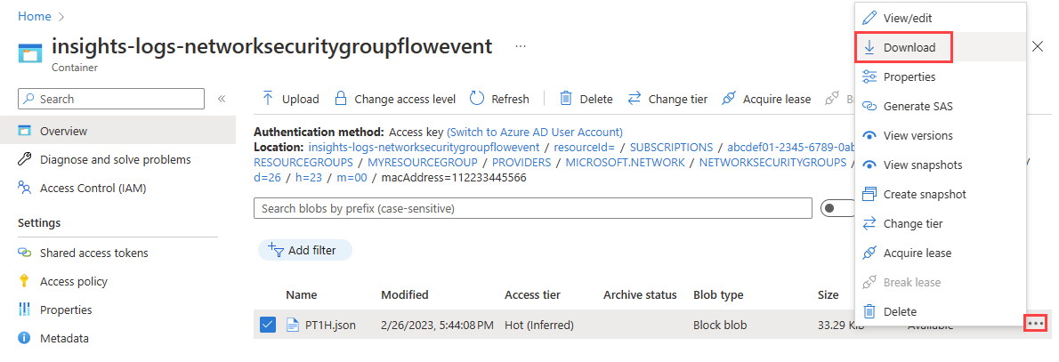 Screenshot showing how to download nsg flow log from the storage account container in the Azure portal.