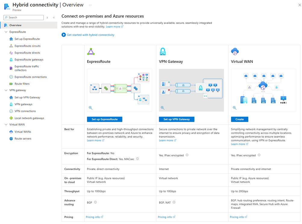 Screenshot of hybrid connectivity hub with service selections.