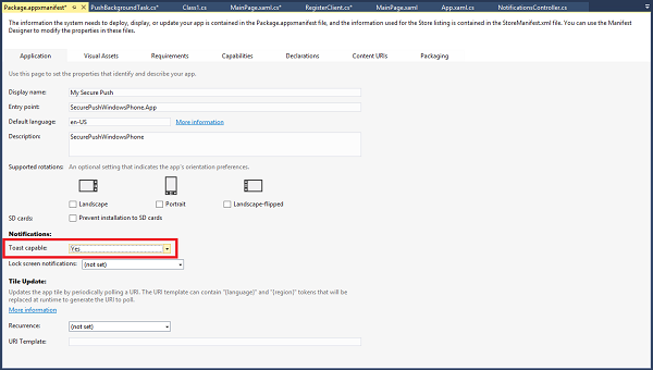 Screenshot of the Solution Explorer window focusing on the Package.appxmanifest with the Toast capable option set to Yes outlined in red.