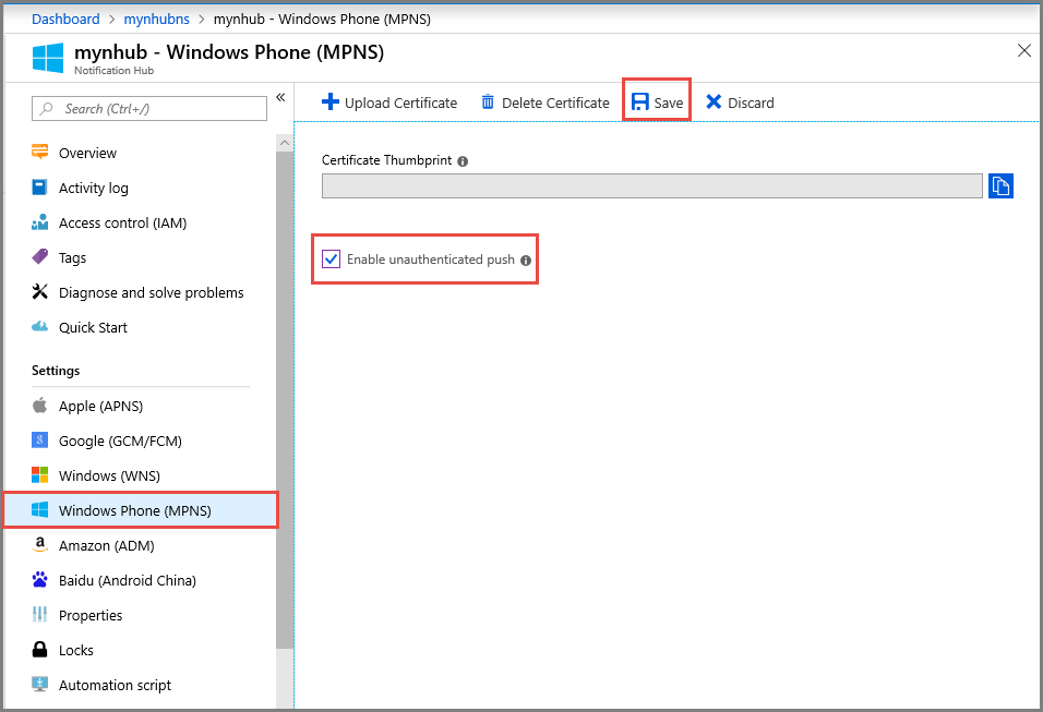 Azure portal - Enable unauthenticated push notifications