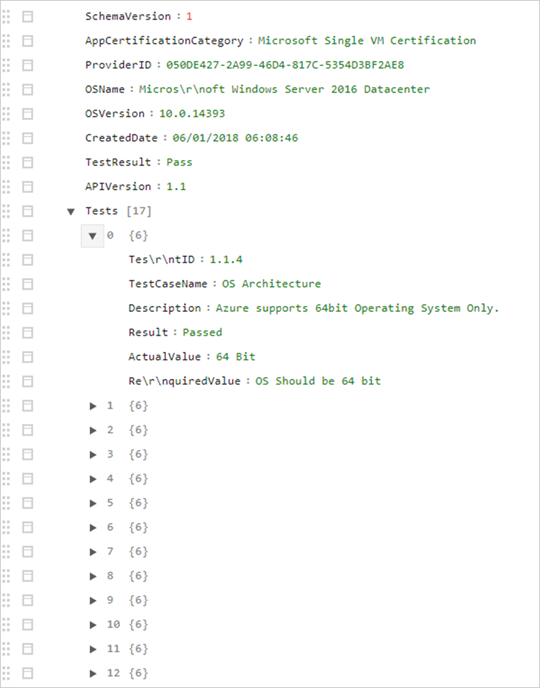 Test results in an online JSON viewer.