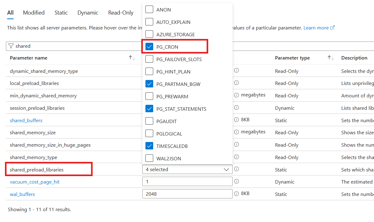 Screenshot that shows adding pg_cron to the server parameter for shared preload libraries.