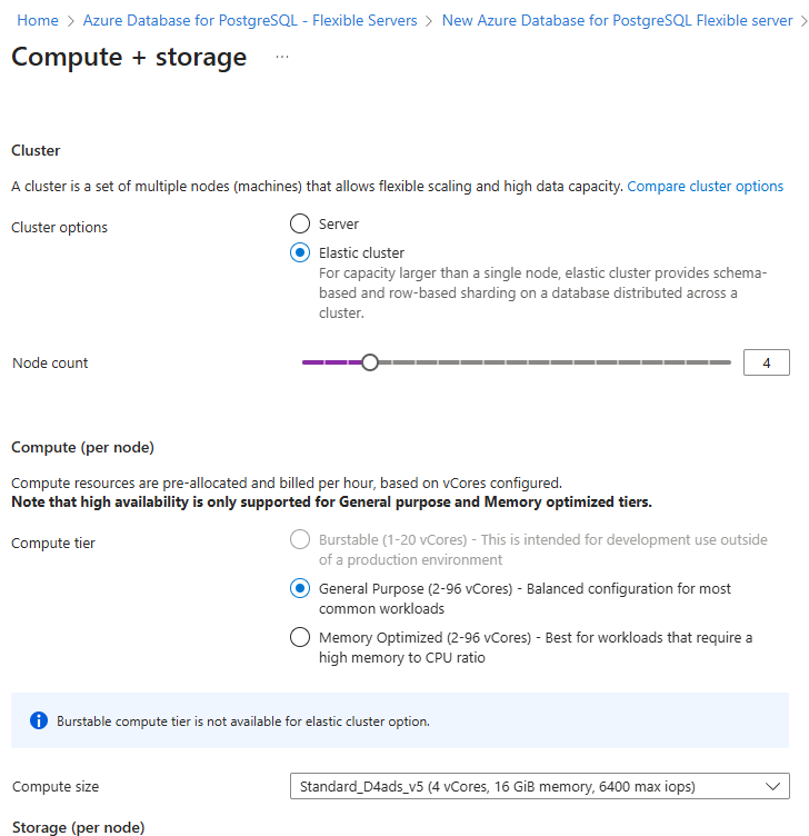 Screenshot of Compute + storage configuration with elastic clusters. Elastic cluster is selected. Node count input box has a value of 4. Compute tier and size options are visible.