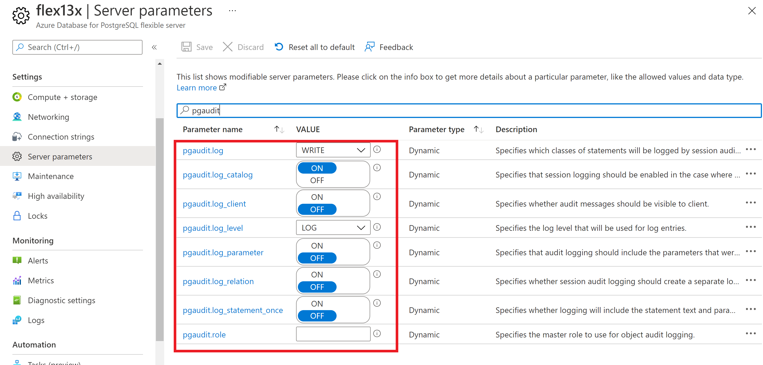 Screenshot showing Azure Database for PostgreSQL - configuring logging with pgaudit 