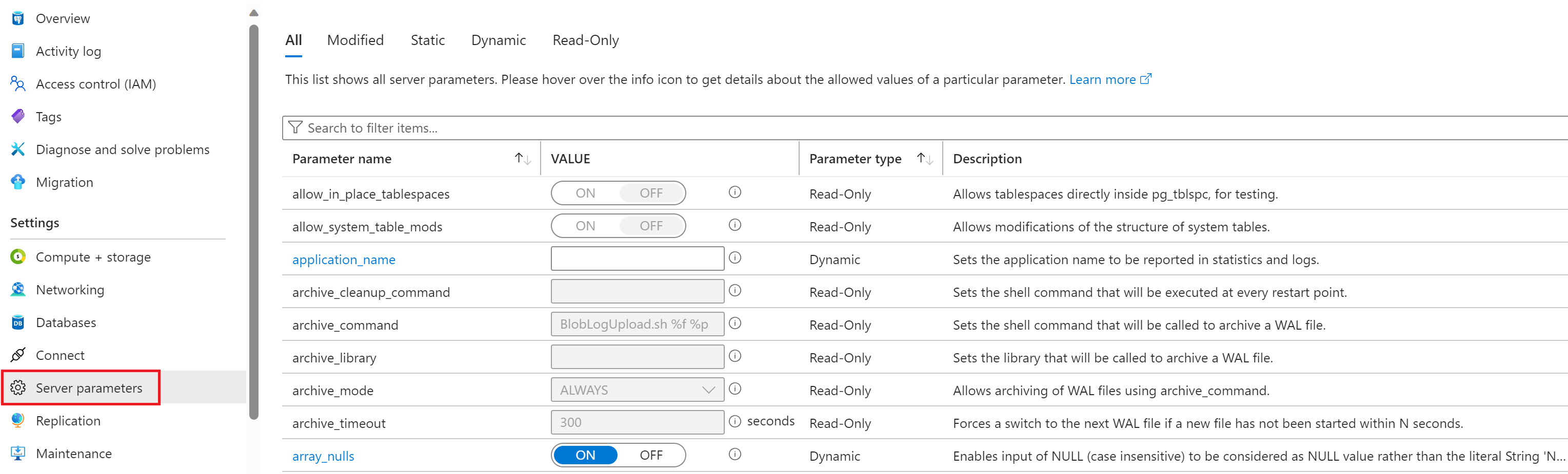 Screenshot of the pane for server parameters in the Azure portal.