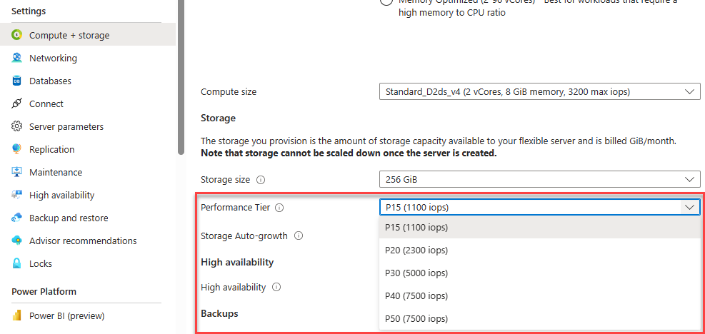 Screenshot that shows performance tier drop-down 2.