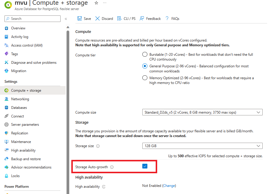 Screenshot that shows storage autogrow checkbox.