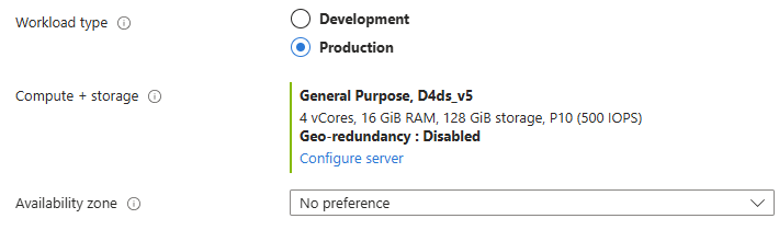 Screenshot of the Azure portal showing Compute + storage section and an actionable Configure server URL.