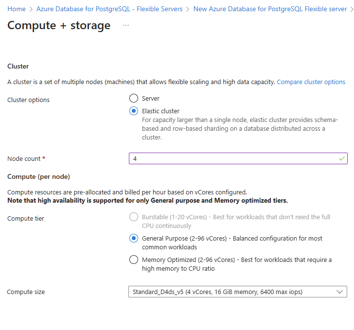 Screenshot of Compute + storage configuration with elastic clusters. Elastic cluster is selected. Node count input box has a value of 4. Compute tier and size options are visible.
