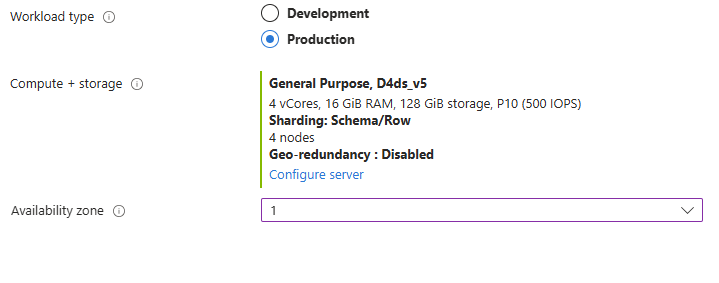 Screenshot of main configuration page. The Compute + storage section has a new line Sharding Schema/Row and a line stating four nodes. Database name field is visible with the value postgres grayed out.