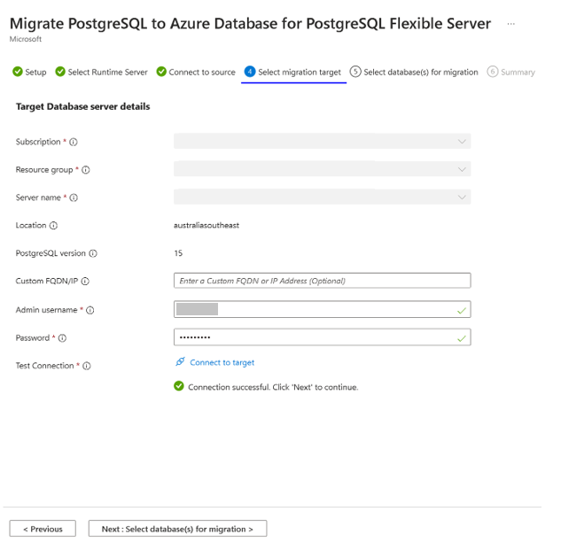 Screenshot of target database server details.