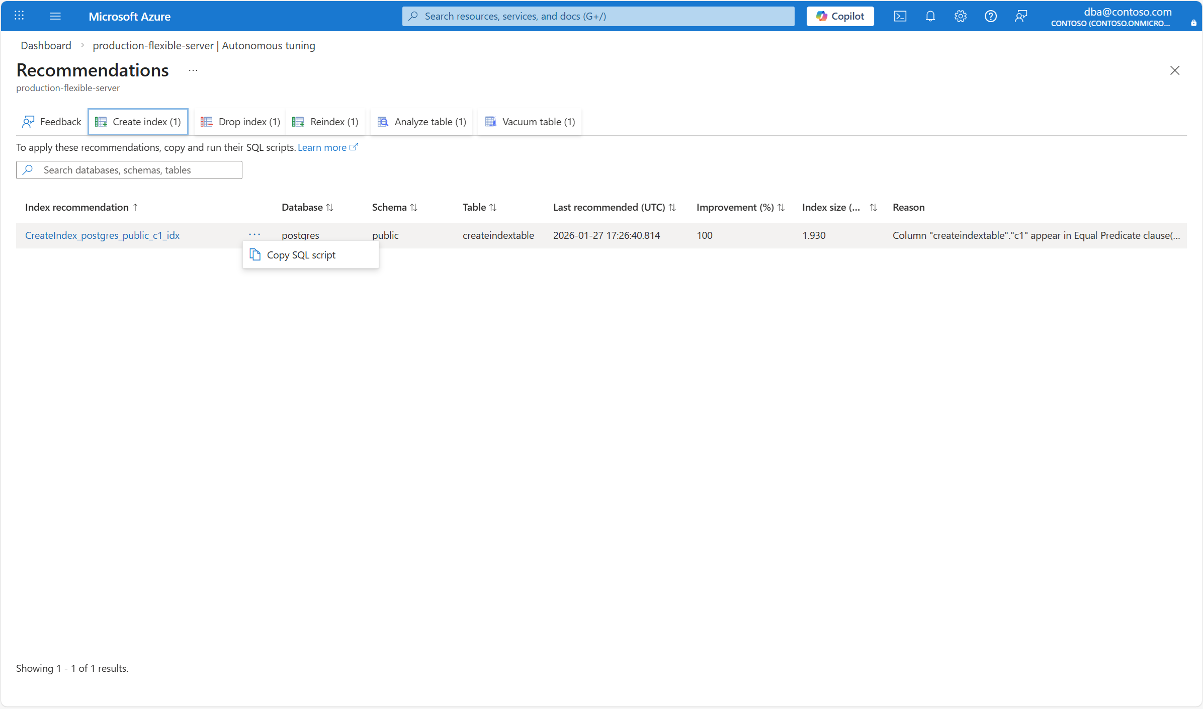 Screenshot that shows how to copy SQL statement from 'Recommendations' page.