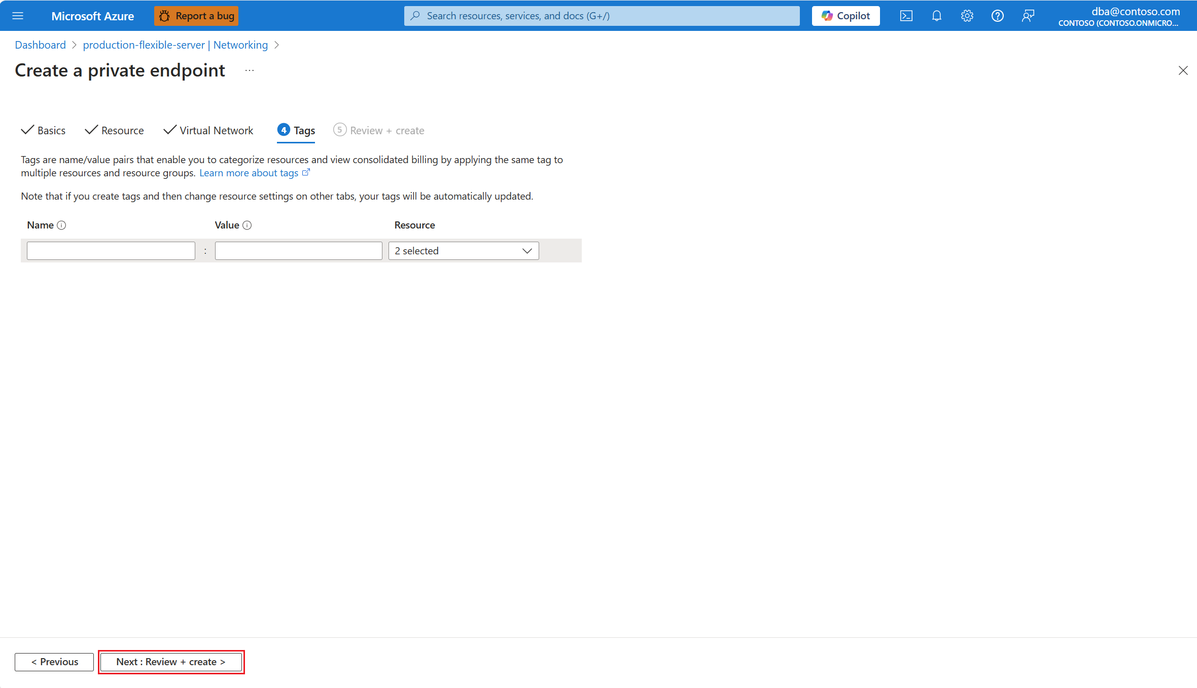 Screenshot showing the Tags page of Create a private endpoint.