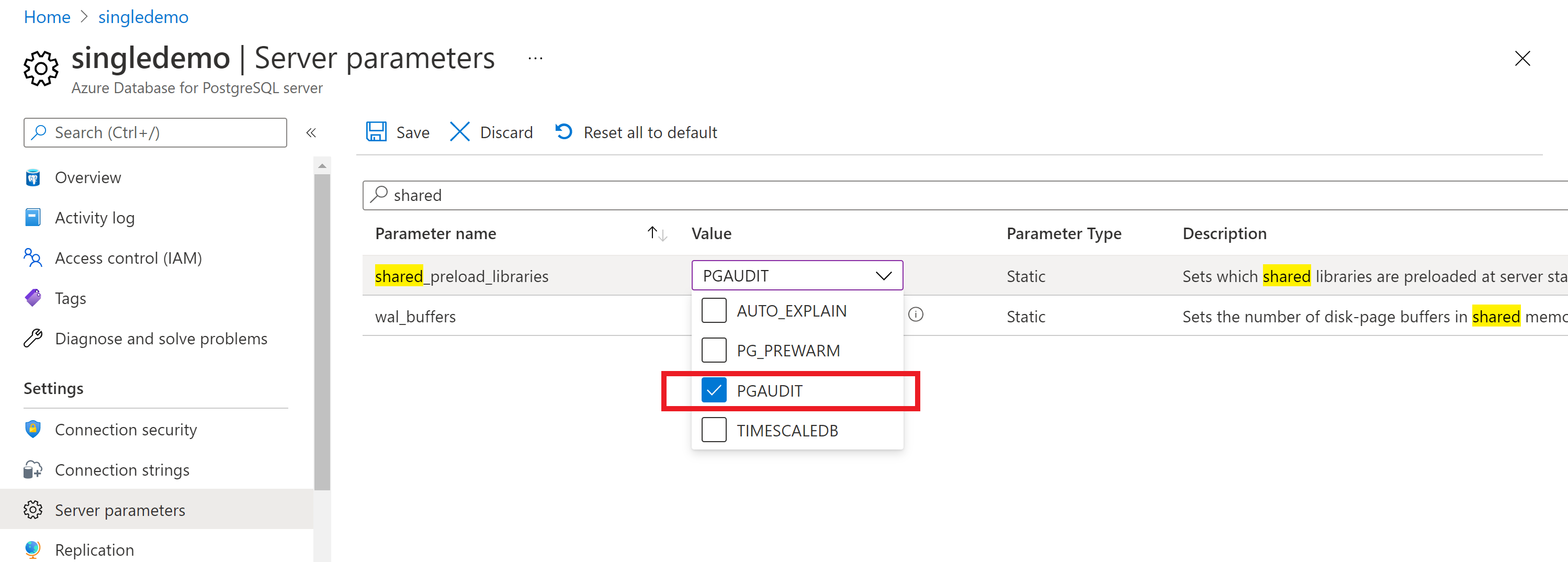 Screenshot that shows Azure Database for PostgreSQL enabling shared_preload_libraries for PGAUDIT.