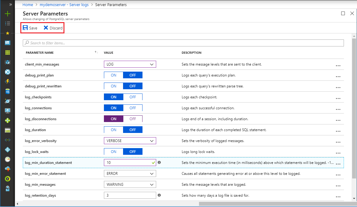 Screenshot of Server Parameters options