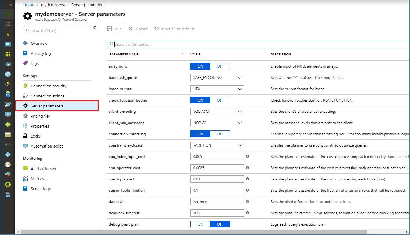 Overview Page for Parameters