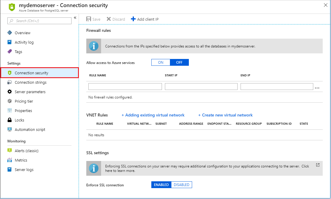 Azure portal - select Connection Security