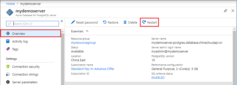 Azure Database for PostgreSQL - Overview - Restart button