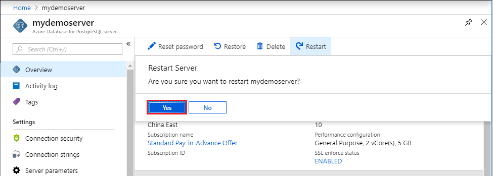 Azure Database for PostgreSQL - Restart confirm