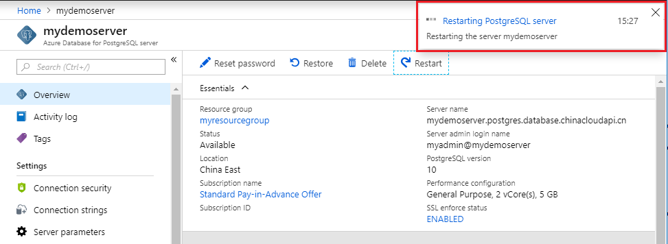 Azure Database for PostgreSQL - Restart status