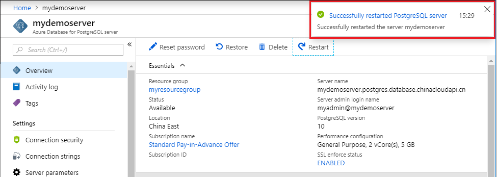 Azure Database for PostgreSQL - Restart success