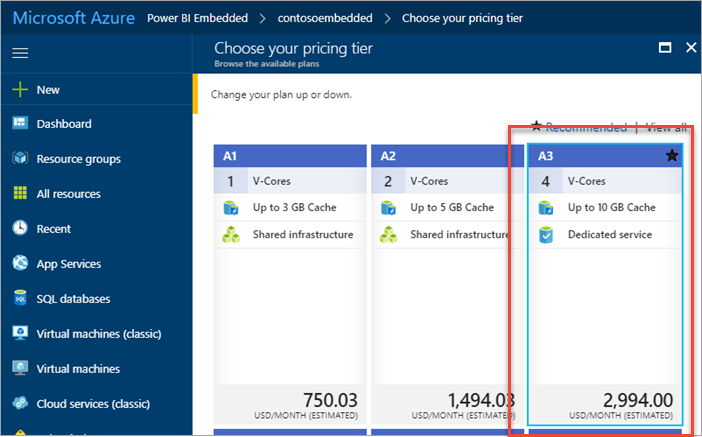 Current pricing tier outlined in blue