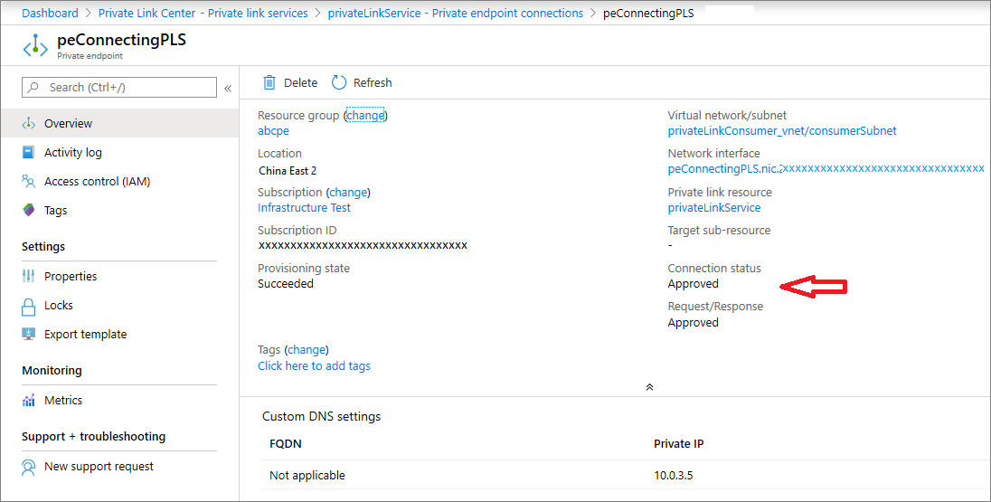 Screenshot of private endpoint connection overview.