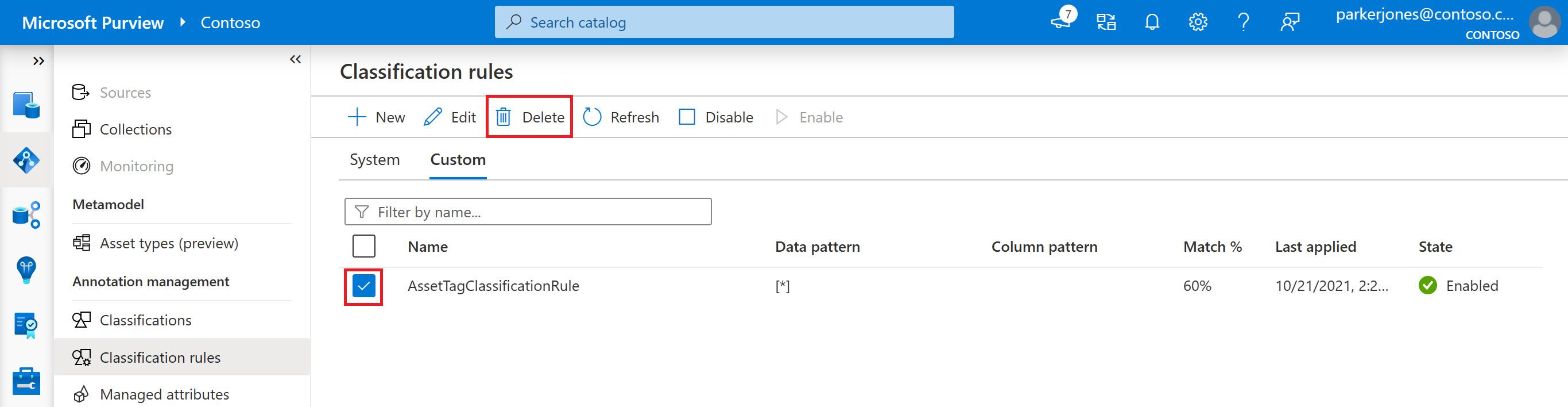 Screenshot of the custom classification rule page, showing a classification rule selected and the delete button highlighted.