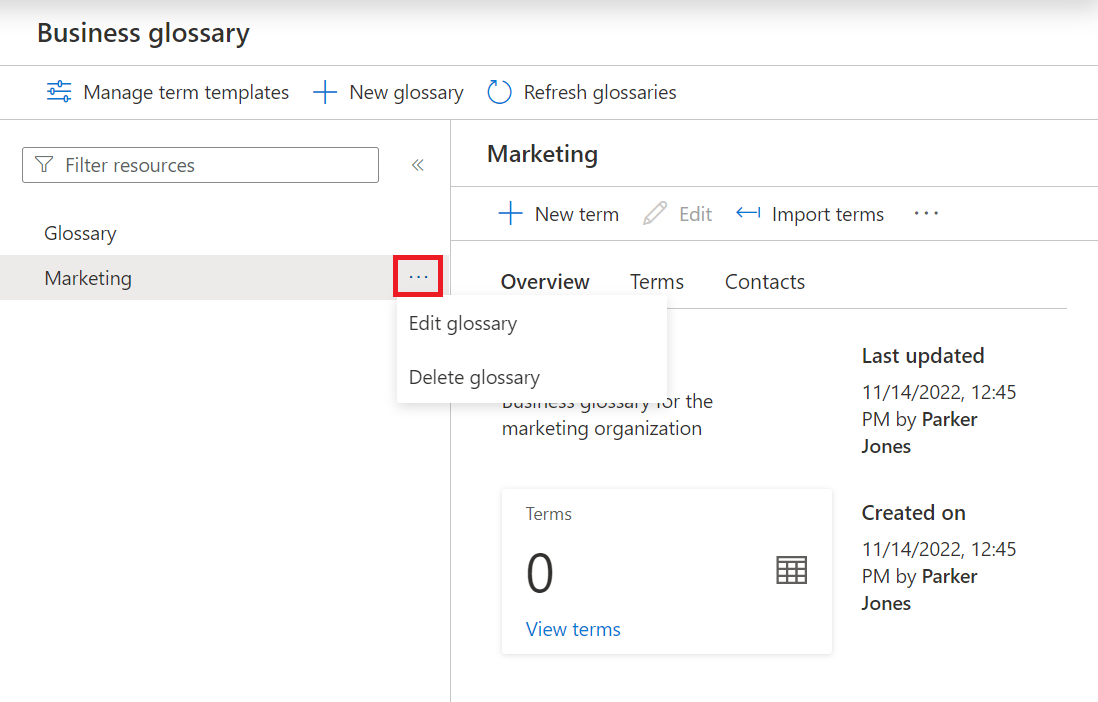 Screenshot showing the business glossary page, with a glossary highlighted, showing the ellipsis button selected and the edit and delete options pop up available.