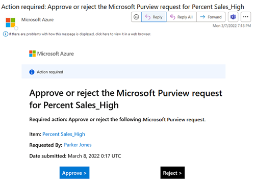 Sample email from Azure with the title 'Action required: Approve or reject the Microsoft Purview request.' Approval and rejection buttons are available in the email.