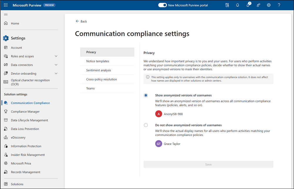 Microsoft Purview portal solution settings.