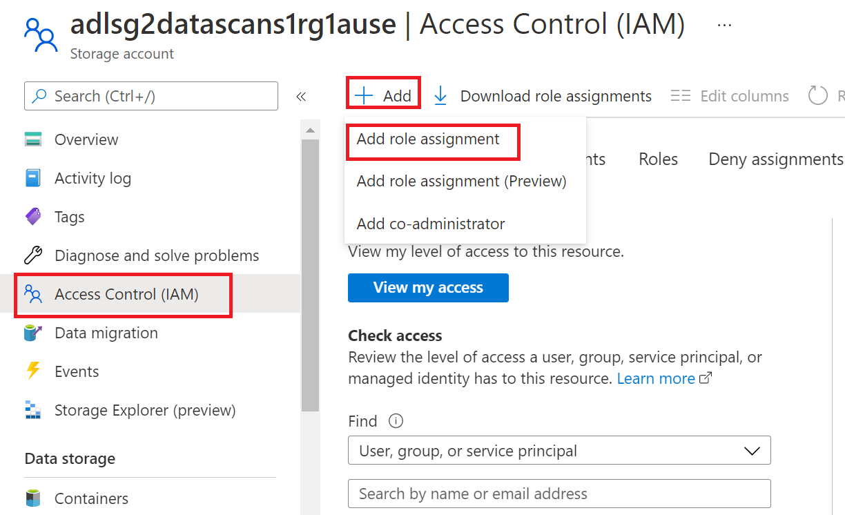 Screenshot that shows the access control for the storage account