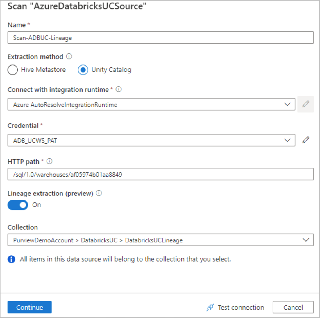 Screenshot of setting up Azure Databricks Unity Catalog scan.