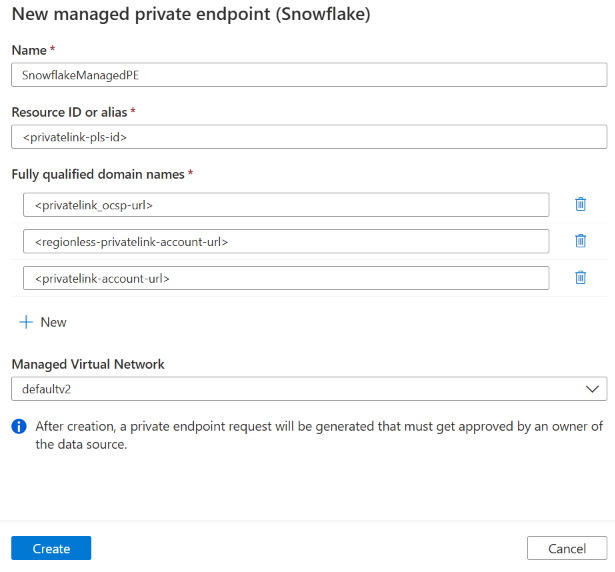 Screenshot of the managed private endpoint creation page for Snowflake in Microsoft Purview.
