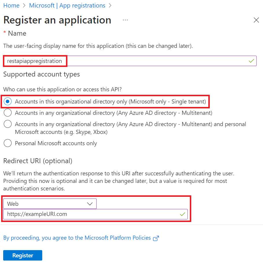 Screenshot of the application registration page, with the above options filled out.