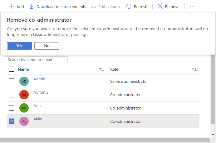 Screenshot that removes co-administrator