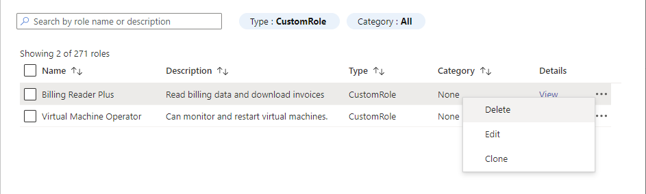 Screenshot that shows a list of custom roles that can be selected for deletion.