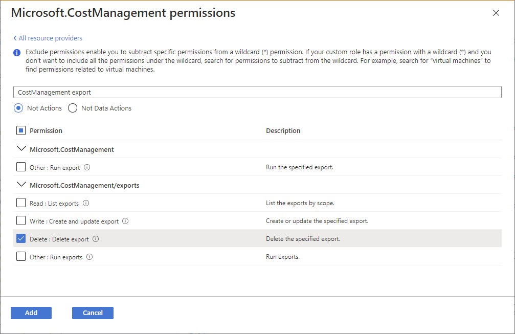 Exclude permissions pane - permission selected