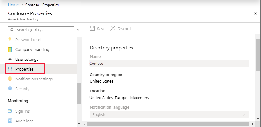 Select Properties for Azure Active Directory properties - screenshot