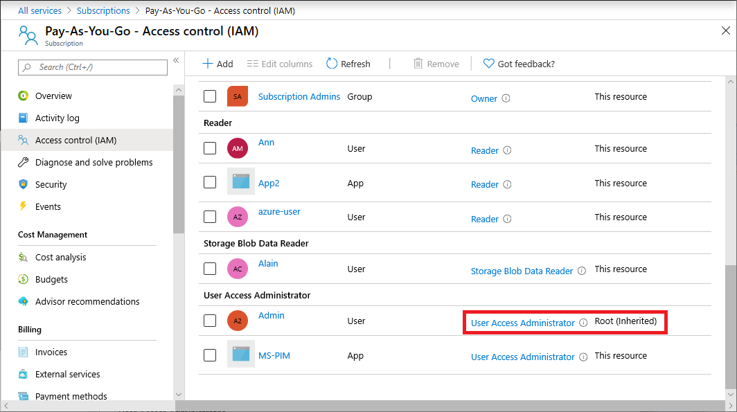 Subscription role assignments with root scope - screenshot