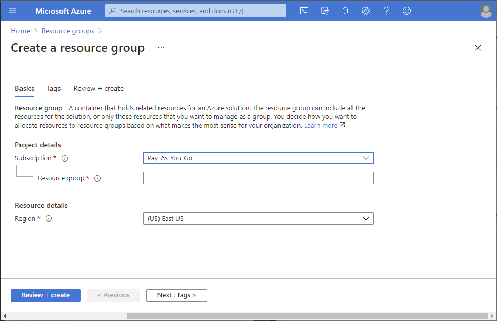 Create a new resource group page.