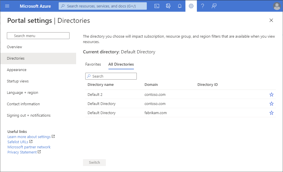 Screenshot of Poral setting Directories section in Azure portal.