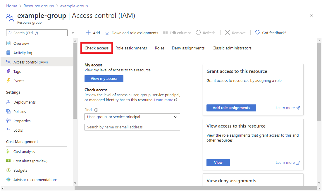 Resource group access control - Check access tab
