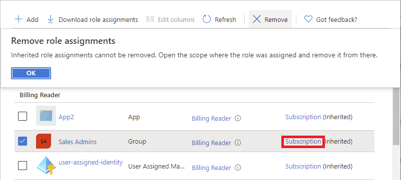 Remove role assignment message for inherited role assignments